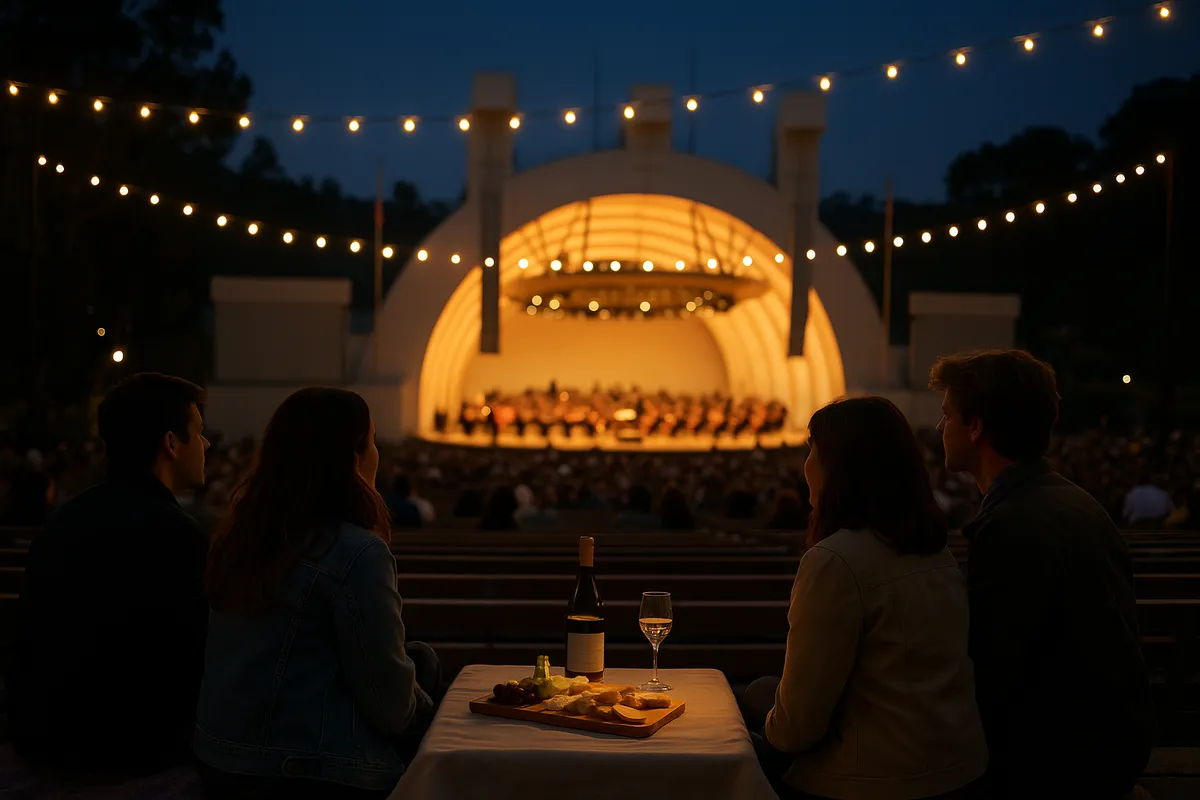 People with a picnic and wine watching an orchestra at the Hollywood Bowl at dusk, the lit band shell glowing against a darkening sky