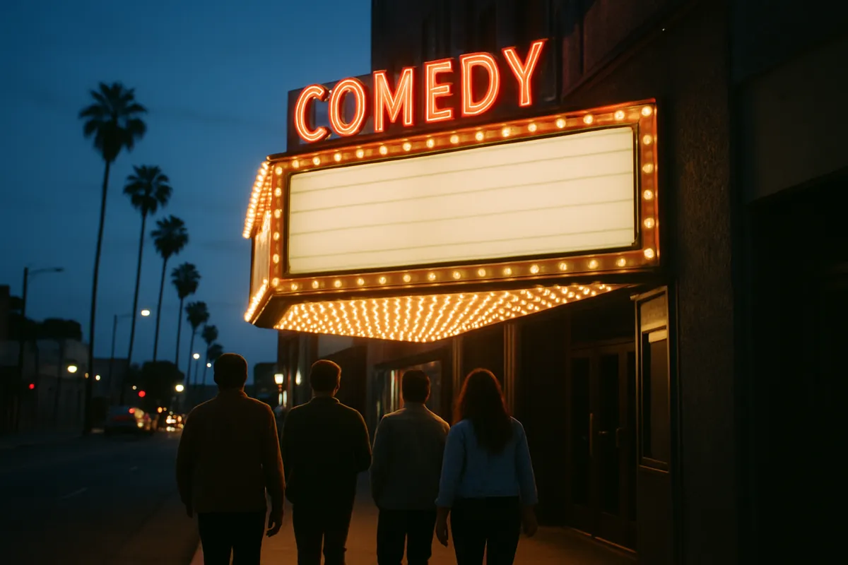 A glowing comedy club marquee on a Los Angeles street in the early evening, with people walking up to the entrance under warm neon light