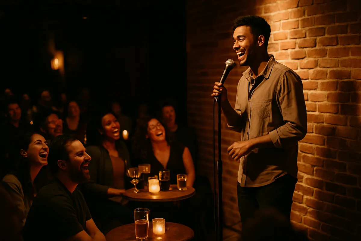 A stand-up comedian on a small spotlit stage in front of a brick wall, holding a microphone while a close-in audience laughs at little candlelit tables