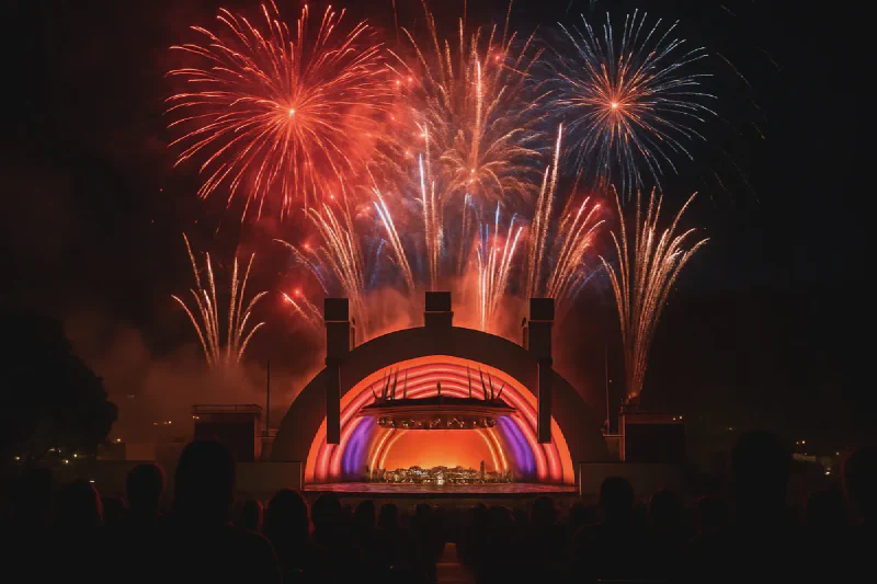 Crowd with picnics watching a concert under the Hollywood Bowl's lit shell at dusk during the 2026 summer season