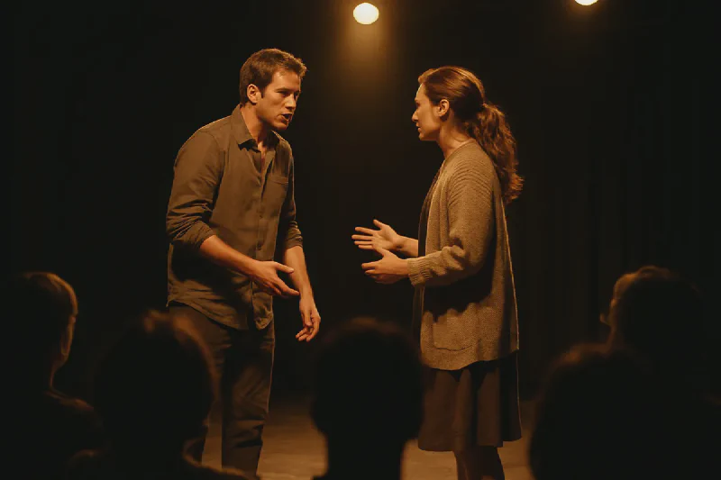 Actors performing on a small intimate stage with the audience seated just a few feet away