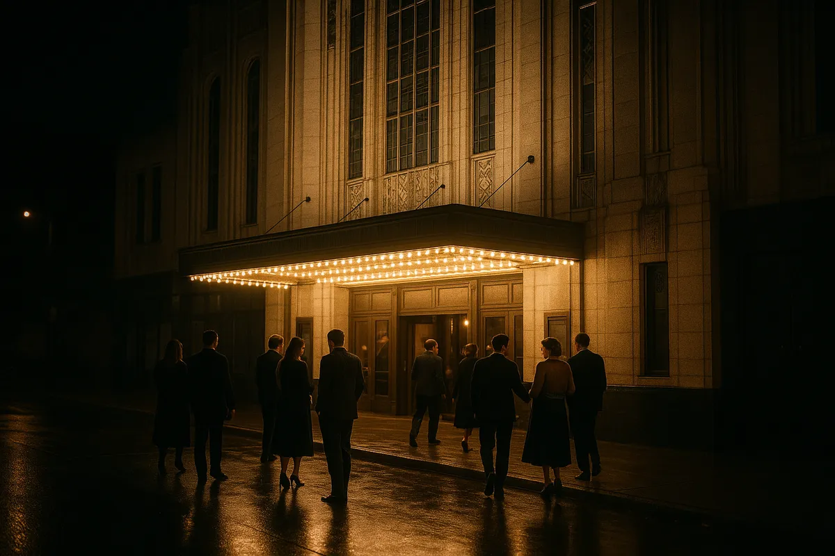 Theatergoers arriving outside a lit Art Deco theater marquee on a city street at night