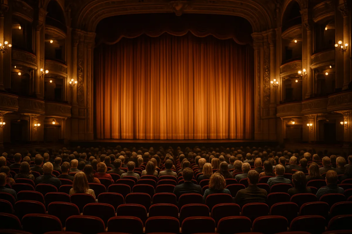 Audience seated in a grand ornate theater facing a warmly lit stage curtain before a Broadway musical