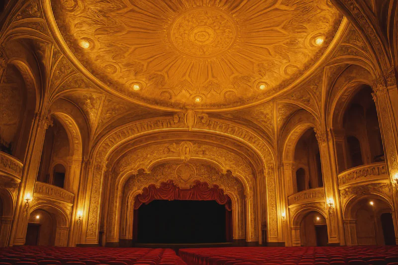 The ornate gilded Art Deco ceiling and proscenium of the Hollywood Pantages Theatre glowing warm gold before a show