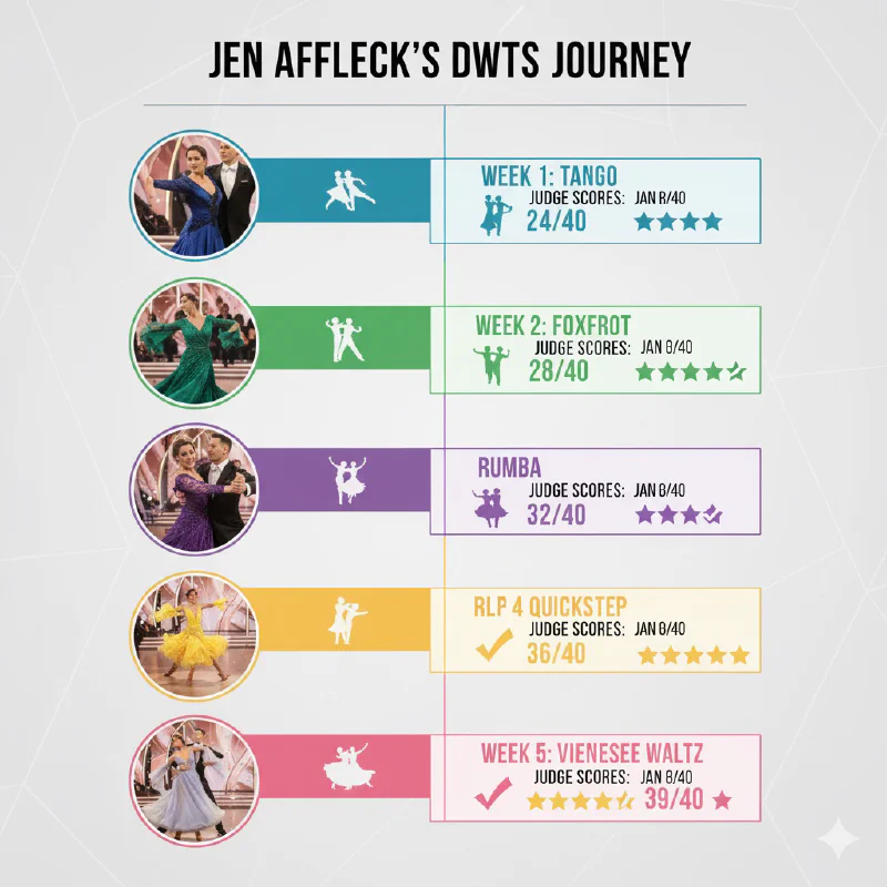 Infographic detailing Jen Affleck&rsquo;s DWTS journey and performance highlights