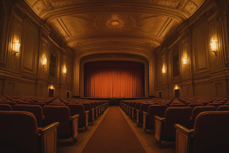 View along the center aisle of an ornate Art Deco theatre orchestra level, empty seats on both sides and a lit stage curtain ahead