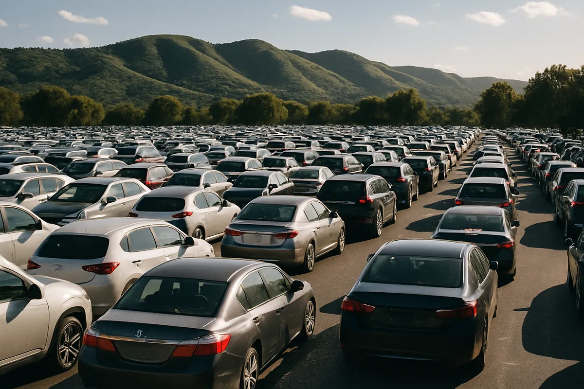Cars queued bumper to bumper leaving a stacked event parking lot at dusk